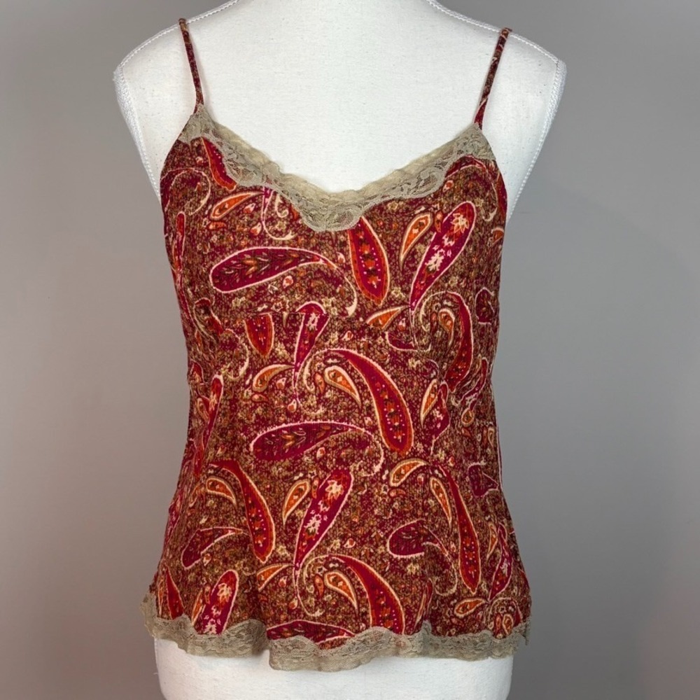 Y2K Red Paisley Lace Trim Camisole Strappy Sleeve Top Womens Petite L Boho Fairy